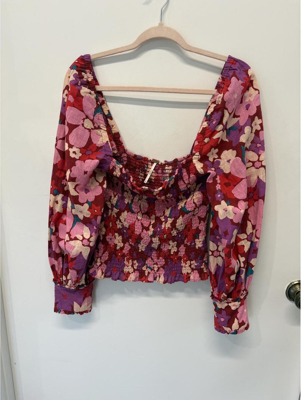 Free People Floral Smocked Puff Sleeve Blouse Size Small